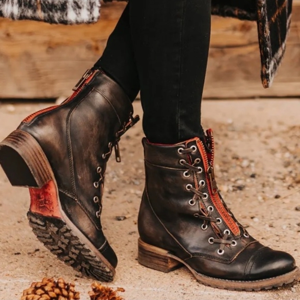 Freebird Black and Red Lace-Up Ankle Boots